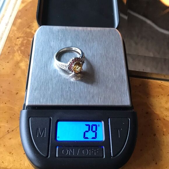 Natural Red Sapphire Yellow Zircon Sterling Silver Halo Ring Size 5 - Picture 7 of 8